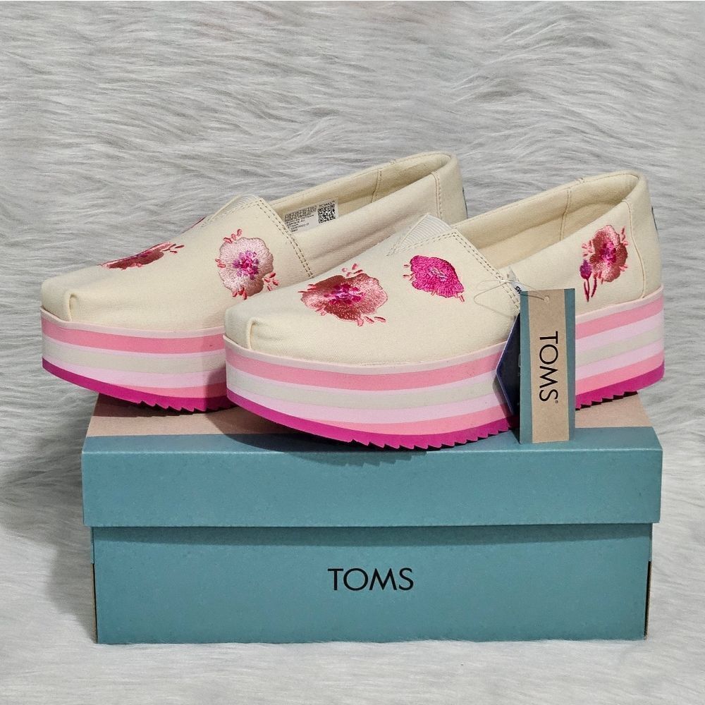 TOMS, Poppy, platforms in cream and beautiful shades of pink.